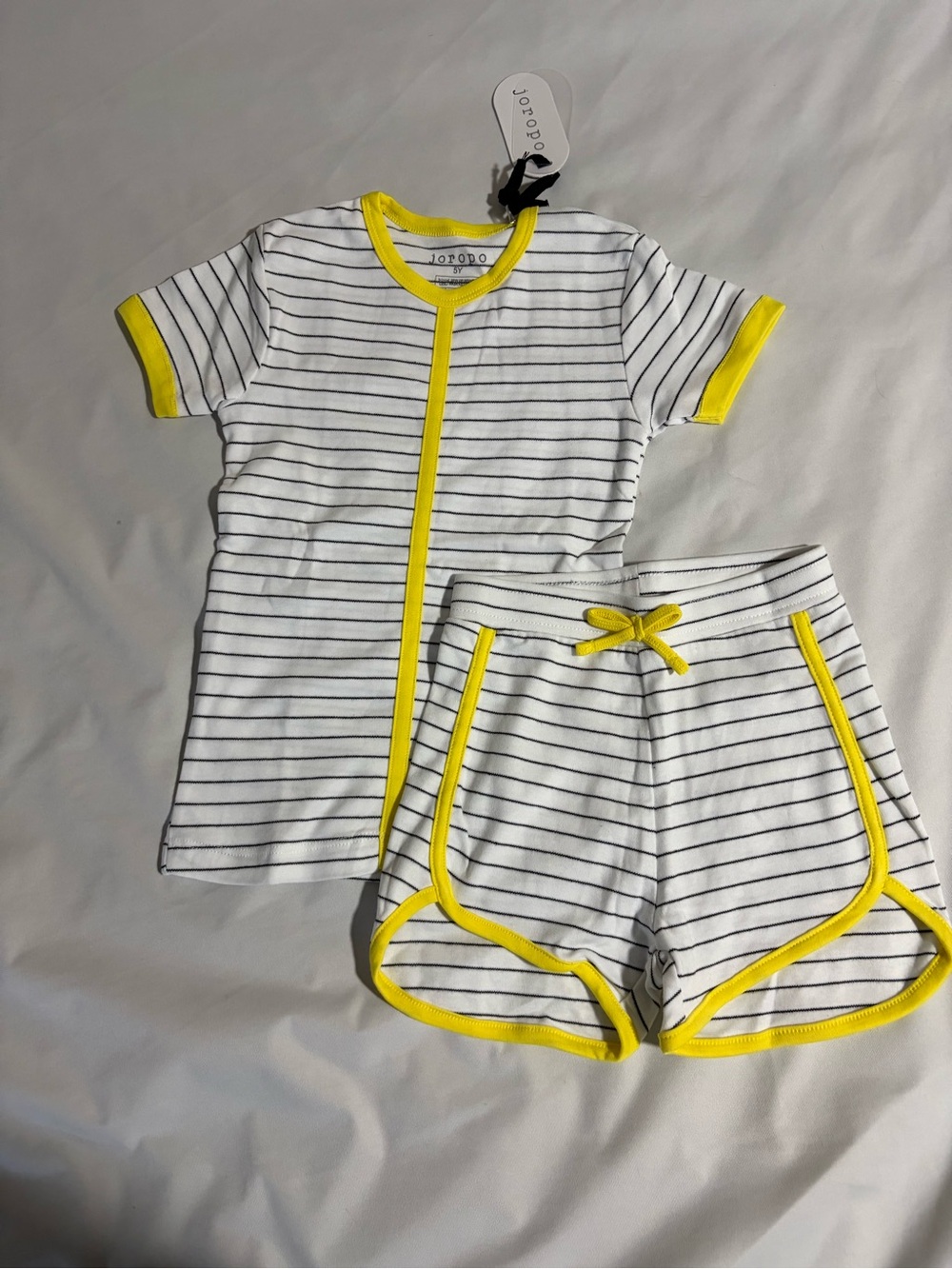 Striped White & Yellow Trim Two-Piece Lounge Set